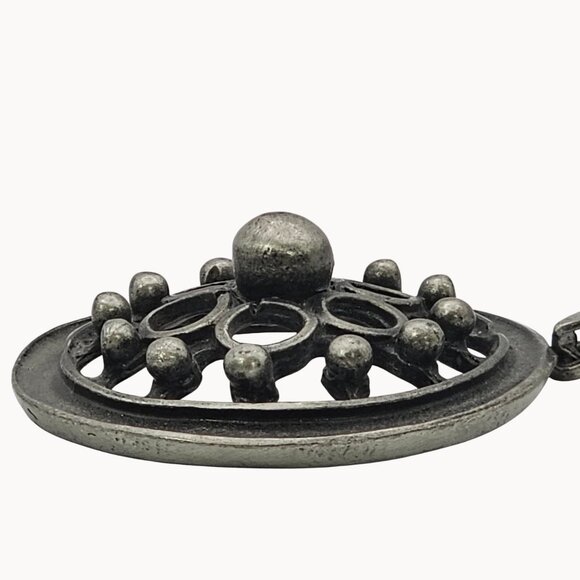 VTG Necklace Pendant Silver Tone Pewter Round Denmark Retro Whimsigoth Floral 2" - Picture 2 of 16
